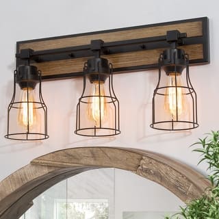 Ino Farmhouse 3-Light Wood Grain Bathroom Vanity Lights Wall Sconces - 21"L x 11.5"H x 6" D