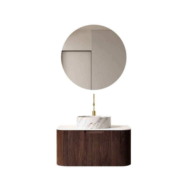 Floating Bathroom with Round Ceramic Basin and Storage Drawer