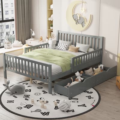 Roomfitters Full Size Wood Platform Bed with Guardrails and Two Storage Cabinets