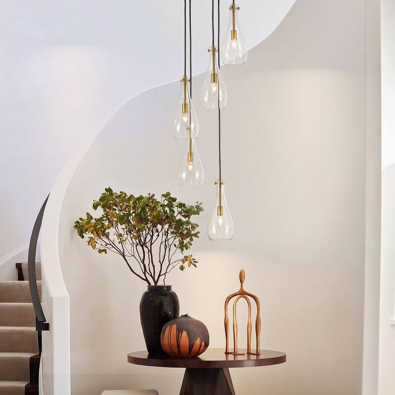 5-Light Modern Black Cluster Raindrop Clear Glass Chandelier for Kitchen Island, Staircase, Hallwya