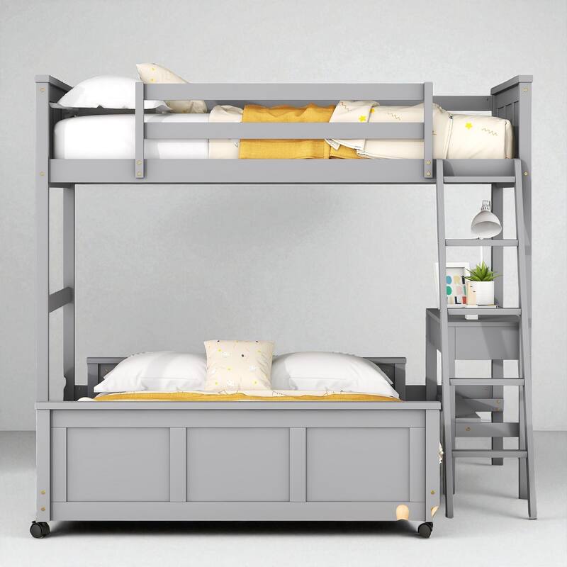 Twin Over Full / Full Over Full Bunk Bed with Built-in Desk and Storage Drawers, Solid Wood Frame