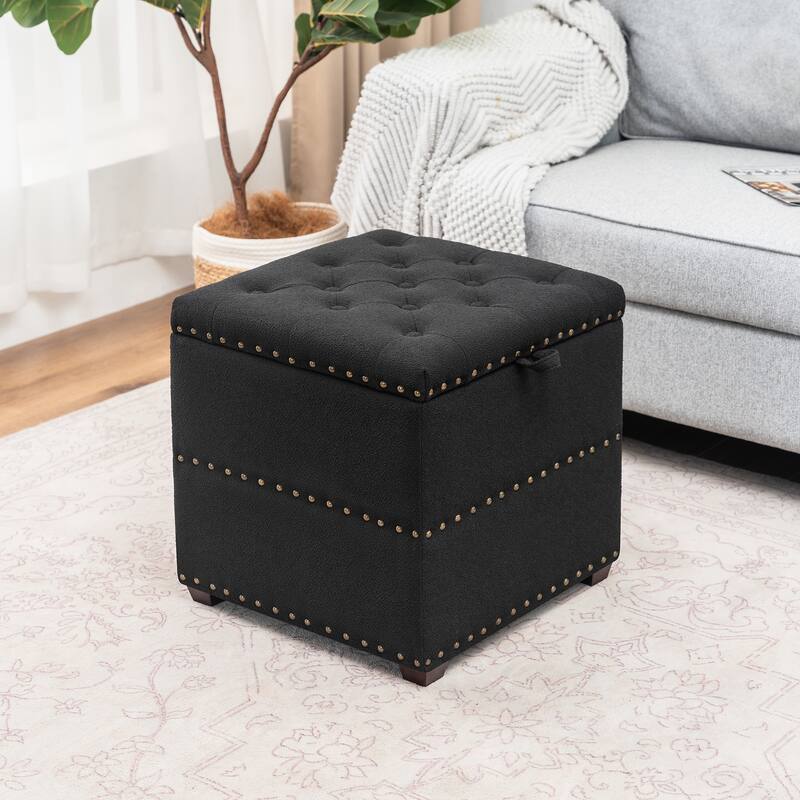 Adeco Fabric Square Ottoman with Tray