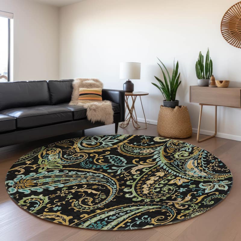 Premium Washable Super Soft Traditional Paisley Mayfield Rug - Black - 8' x 8' - Round