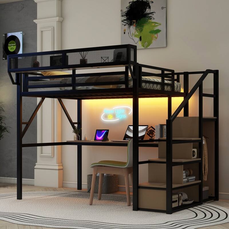 Full Size Metal Loft Bed with Desk and Charging Station, Stairs and Light