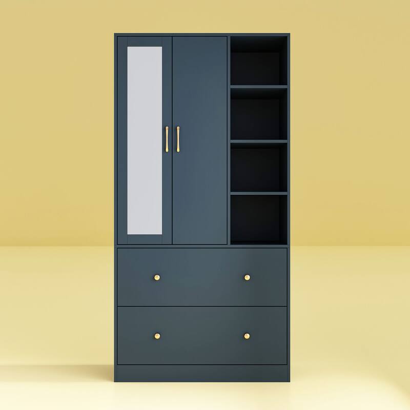 Wardrobe Closet Armoire with Mirror Scalable Hanging Rod Cabinet