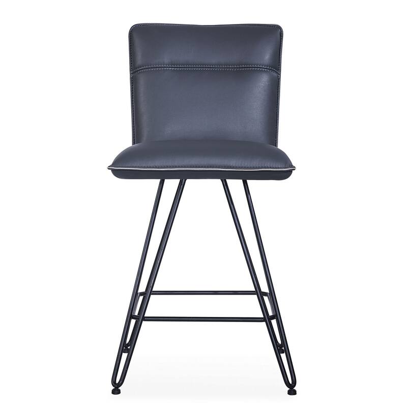 Metal Leather Upholstered Counter Height Stool with Hairpin Style Legs Set of 2, Blue and Black