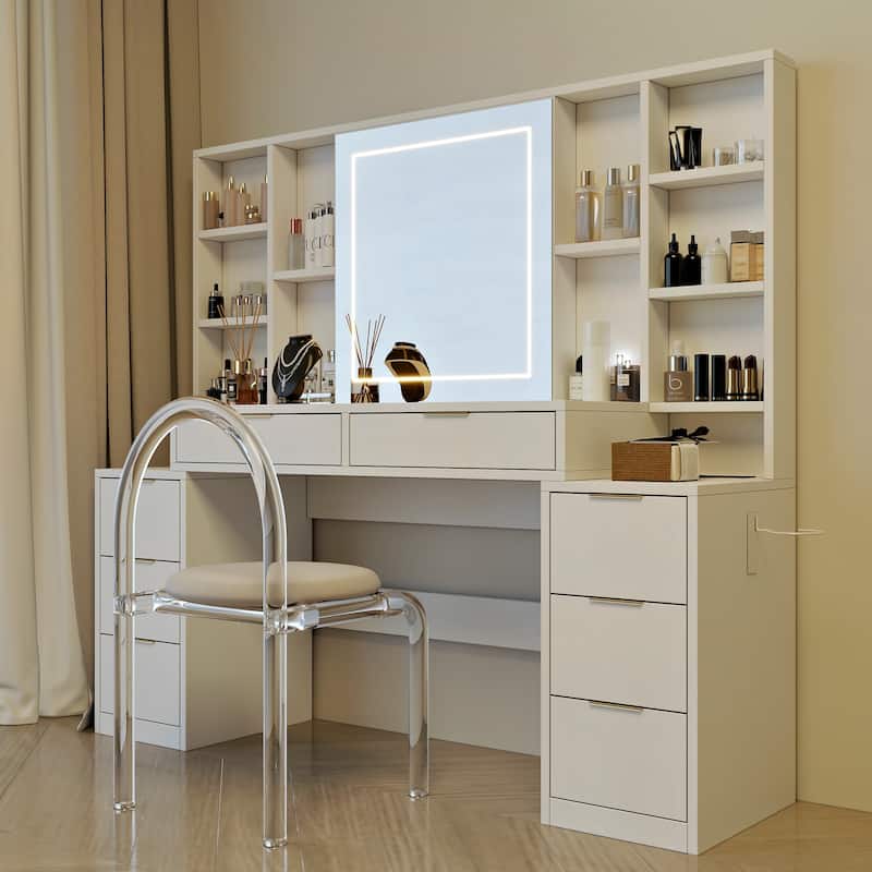 59" Makeup Vanity Desk with Mirror & Lights, Large Dressing Table with 8 Drawers, Open Shelves & Adjustable LED for Bedroom