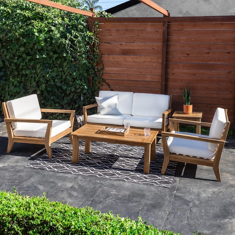 Linon Clermont Outdoor Solid Teak Wood 5 Piece Patio Conversation Set