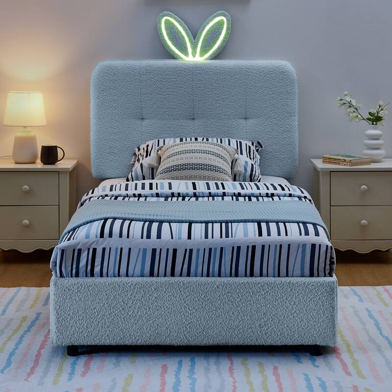 Kids Boucle Upholstered Bed with Rabbit Ear Headboard, LED Music Sync & 4 Drawers
