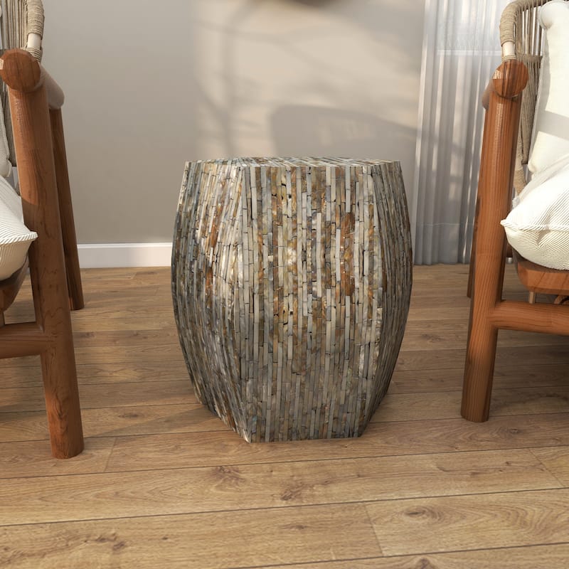 Mother of Pearl Shell Geometric Handmade Shell Mosaic Hexagon Accent Table with Brown Accents - Gray - Roche River Decor