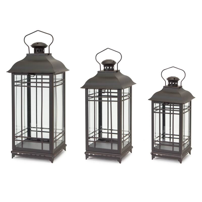 3 Rustic Black Coffee Mission-Style Glass Pillar Candle Lanterns 20"