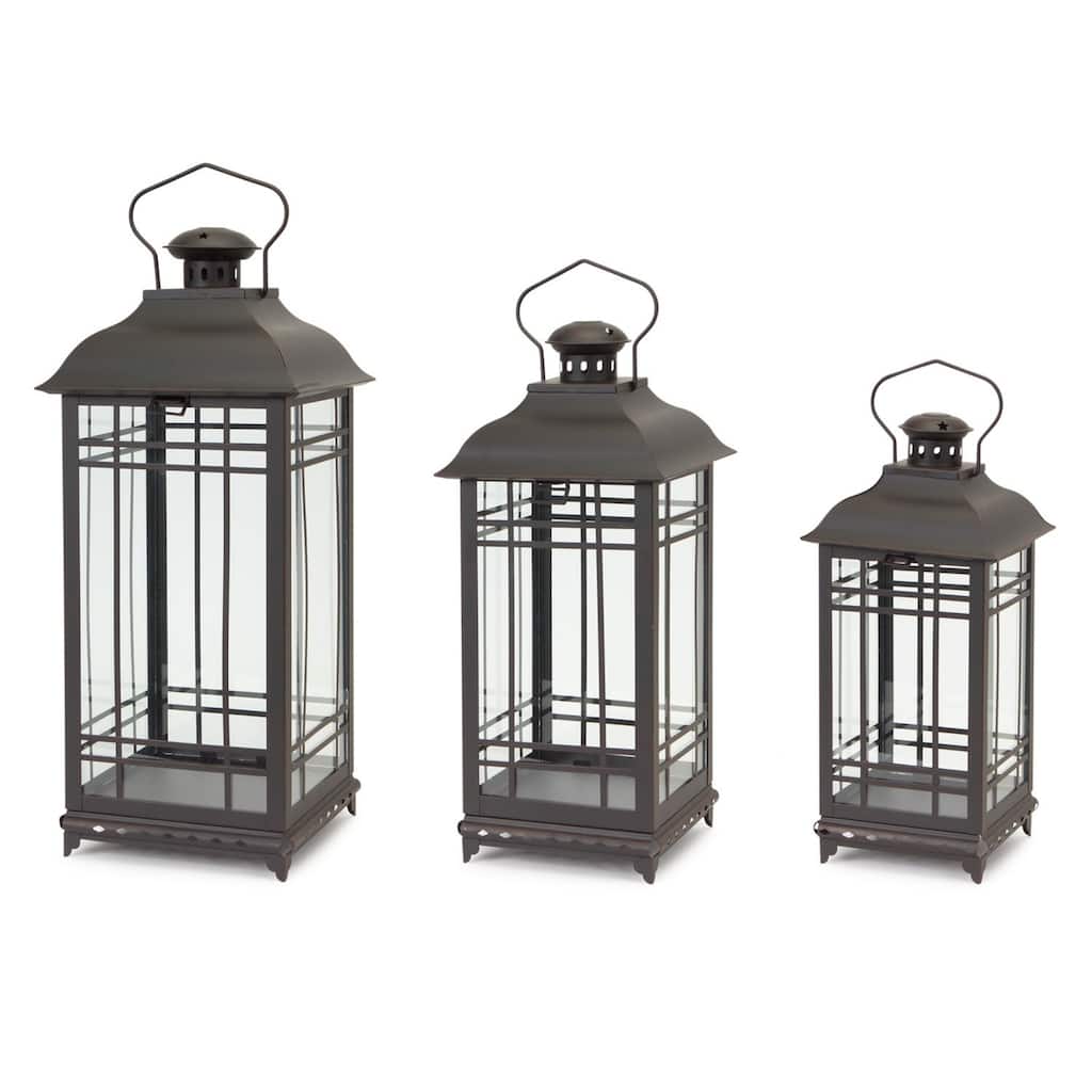 3 Rustic Black Coffee Mission-Style Glass Pillar Candle Lanterns 20"