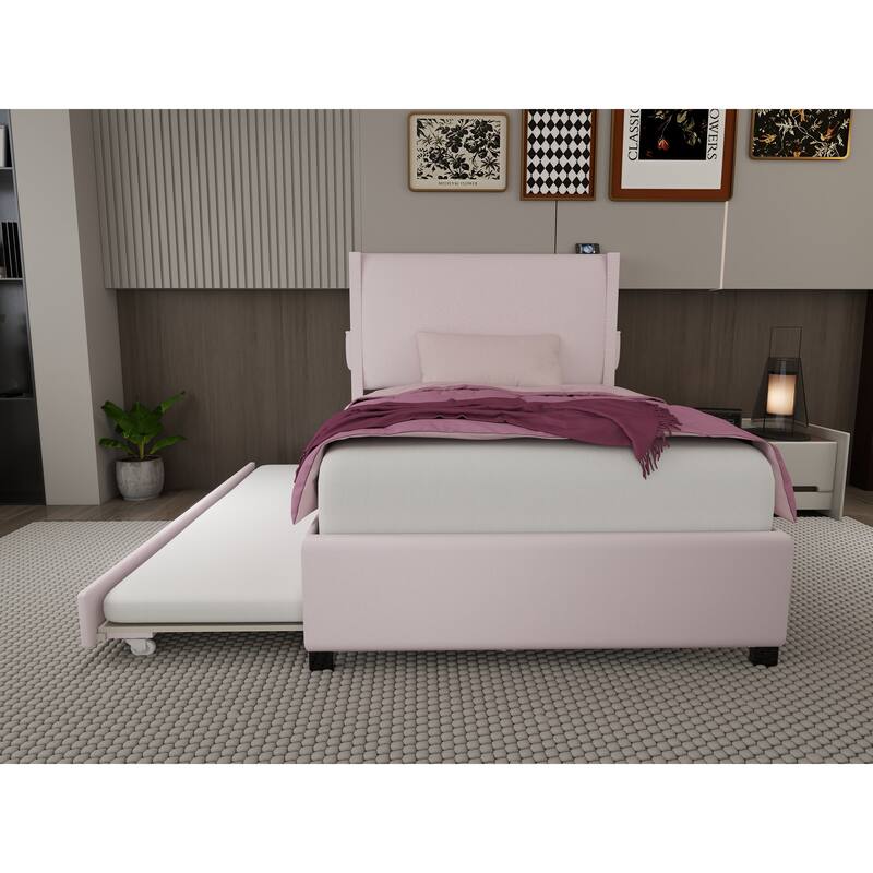 Twin Size Upholstered Platform Bed Wood Bed Frame with Twin Size Trundle, Wingback Headboard, Charging Ports, Pockets, Pink