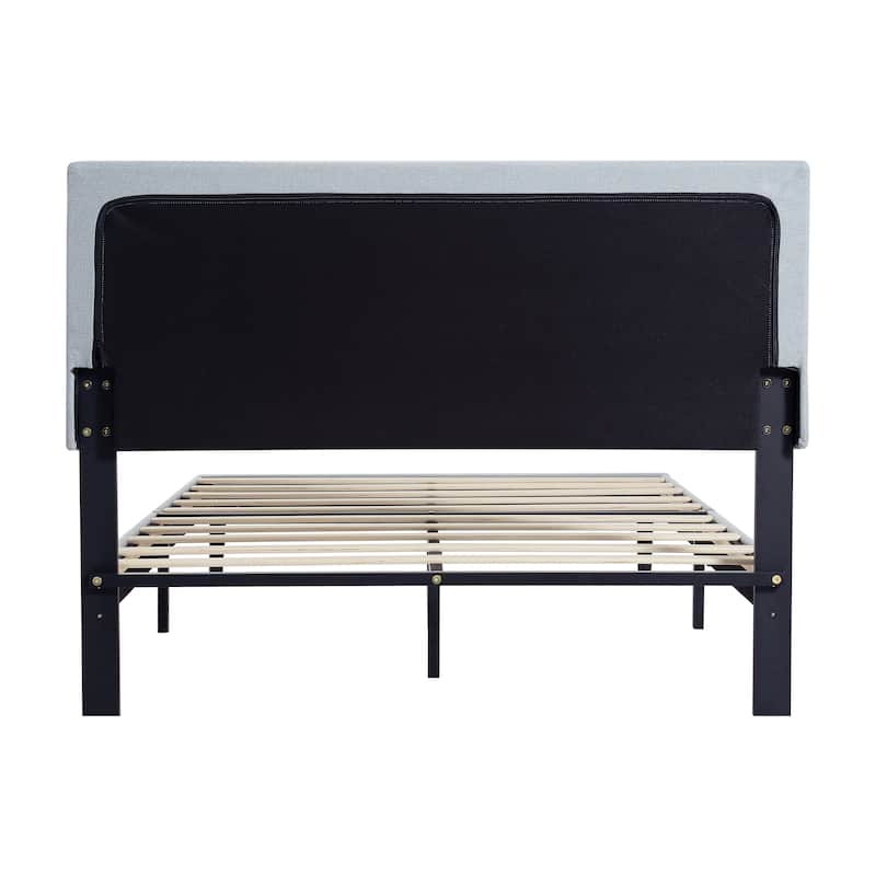Light Grey Queen Size Upholstered Bed Frame with Button Tufted Linen Headboard