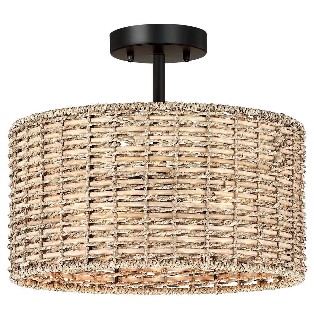True Fine Lennie 13.6 in. 2 Light Natural Rattan Drum Semi Flush Mount Ceiling Light 13.6 in. W