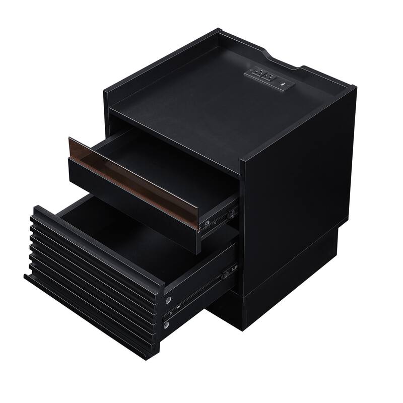 Mid-Century Modern 2-Drawer Nightstand with Charging Station & LED Lights - Bedside/End Table (Black)