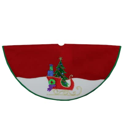 20" Red and White Mini Christmas Tree Skirt with Embroidered Sleigh and Tree Applique