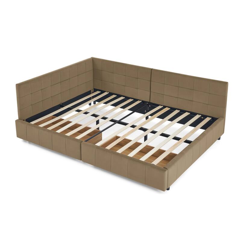Full Size Daybed Grounded Bed Velvet Upholstered Tufted Bed Frame with L-shaped Backrest & Armrests for Livingroom or Bedroom