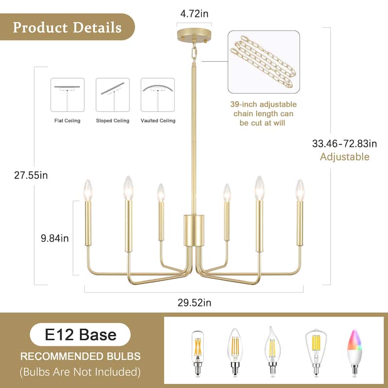 6-Light 29.52-inch Farmhouse Candle Chandelier for Foyer Kitchen Bedroom