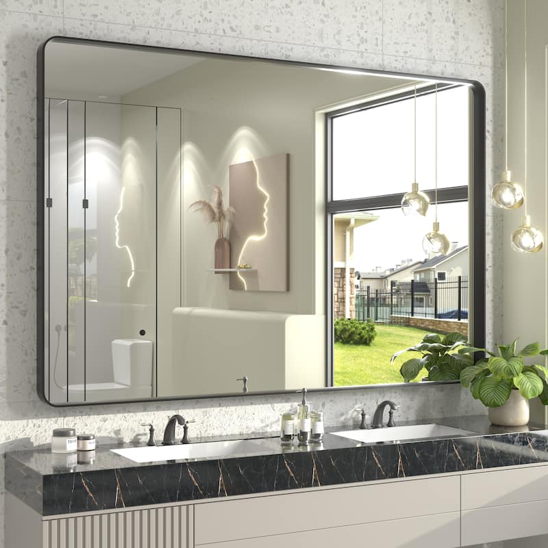 Aluminum Alloy Framed French Cleat Mounted Tempered Glass Wall Vanity Mirror - 60" x 40" - Black