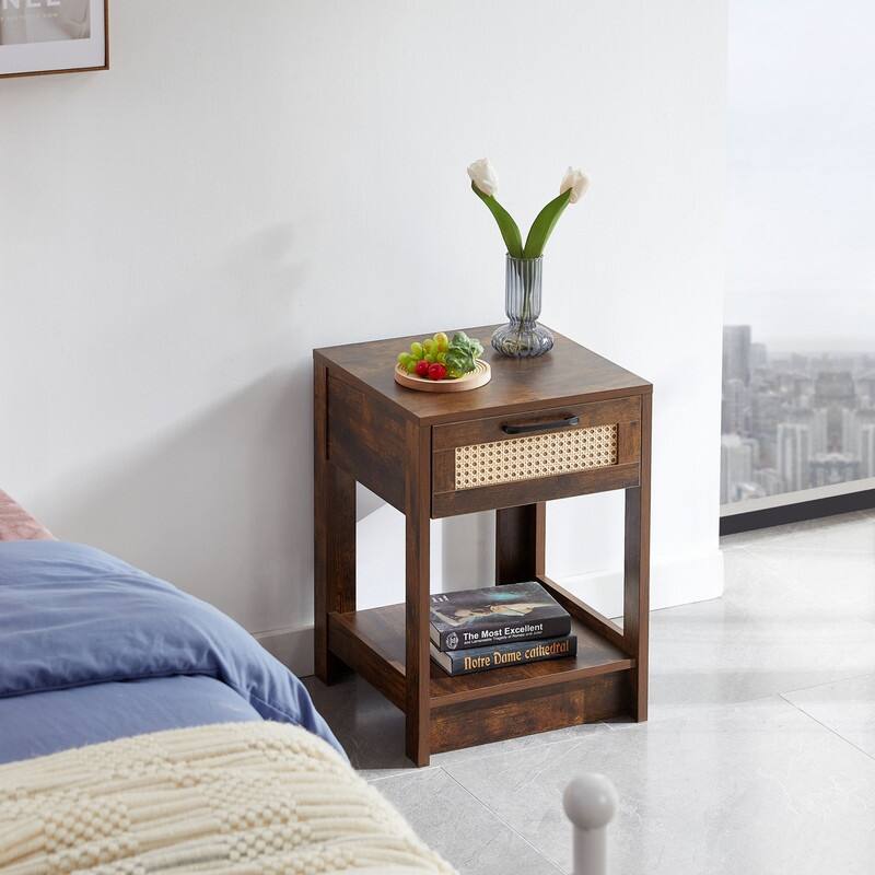 15.75" Rattan Side table with Drawer - Brown
