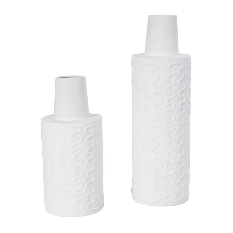 White Metal Wavy Textured Abstract Decorative Vase (Set of 2)
