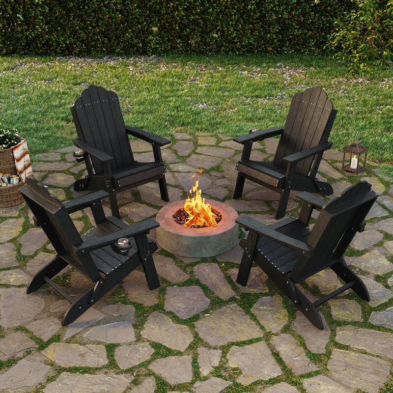 Foldable HDPE Adirondack Chair All-Weather W/ Cup Holder - Black - 4-Piece