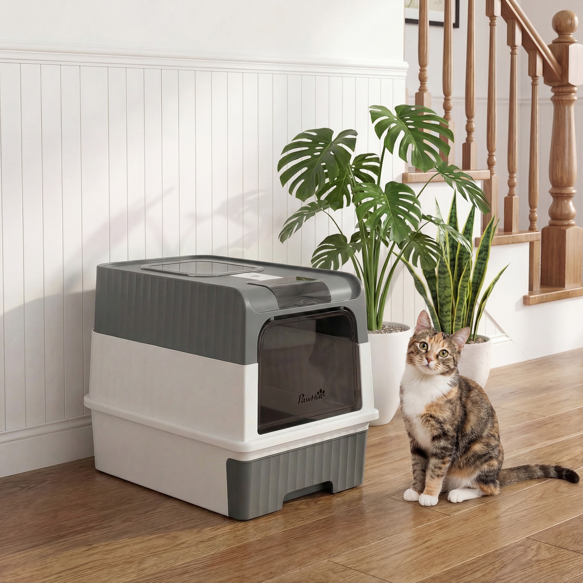 PawHut Cat Litter Box with Lid, Hooded Cat Litter Box with Pull-Out Drawer Tray, Scoop, Easy to Clean, Teal