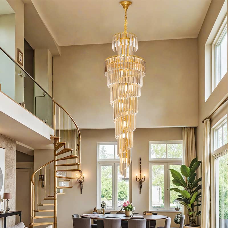 Extra Large Long Grand Spiral Crystal Chandelier Ceiling LED Tiered Pendant Light with Gold Frame