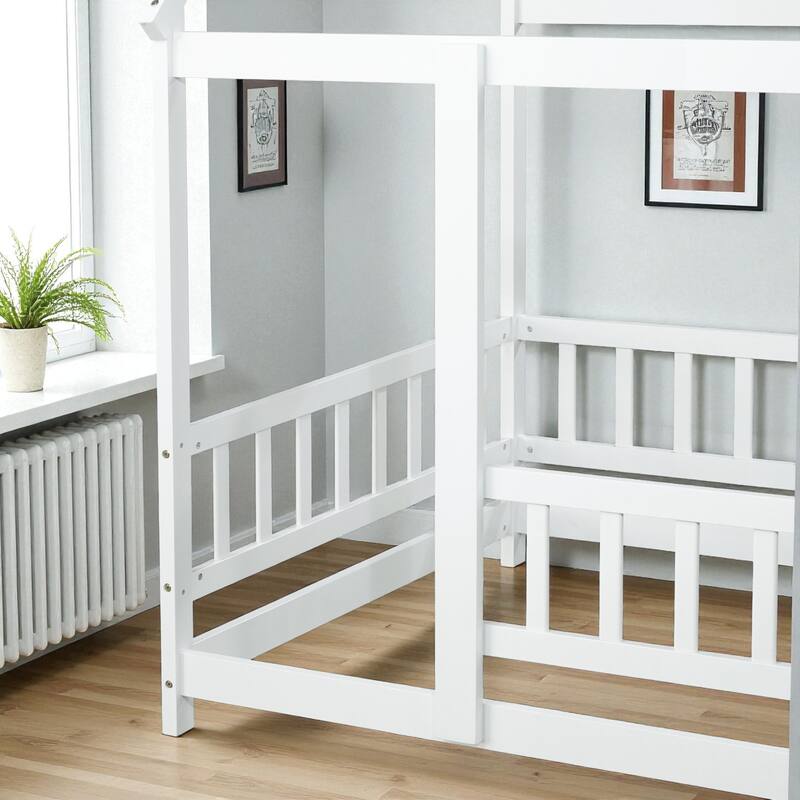 Twin Size Wooden House Floor Bed with Roof Frame and Safety Guardrails, Solid Rubber Wood Montessori Bed for Kids