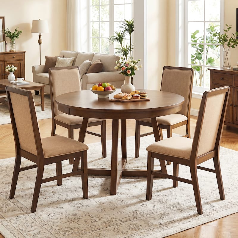 Gymax Upholstered Dining Chairs Set of 4 w/ Solid Rubber Wood Legs for