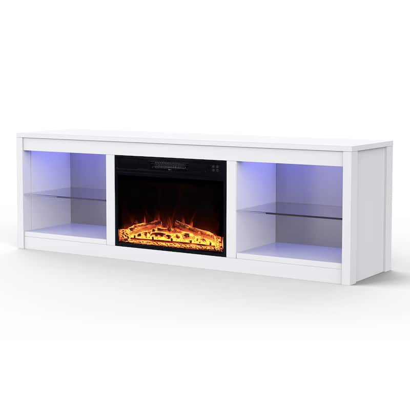 66" White Modern Electric Fireplace TV Stands Console for 75-inch TV with Remote - 66 in console width
