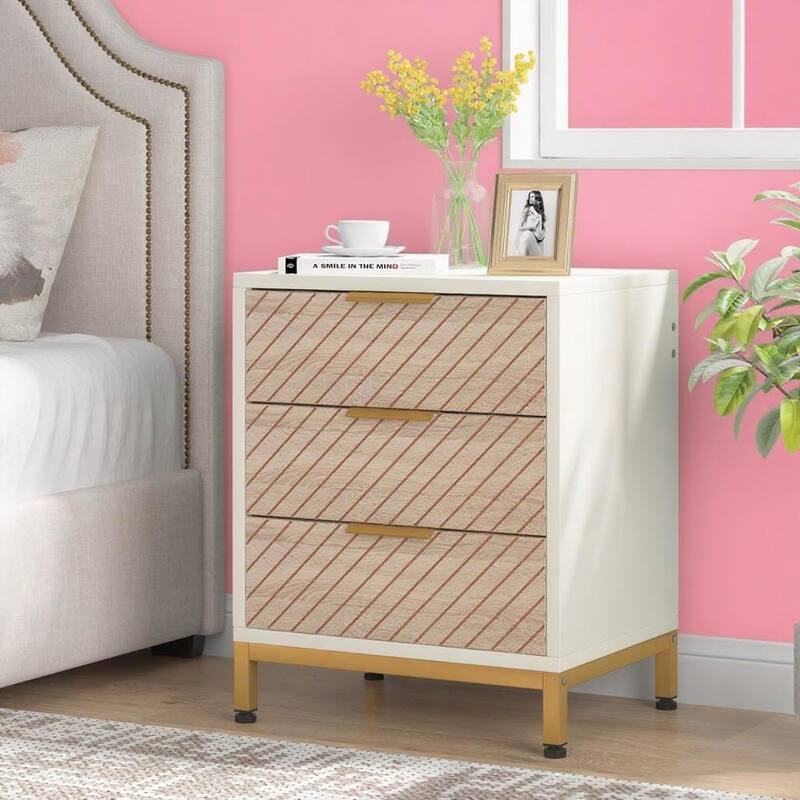White-Gold Wood Nightstand with Adjustable Foot Pads and Multifunction
