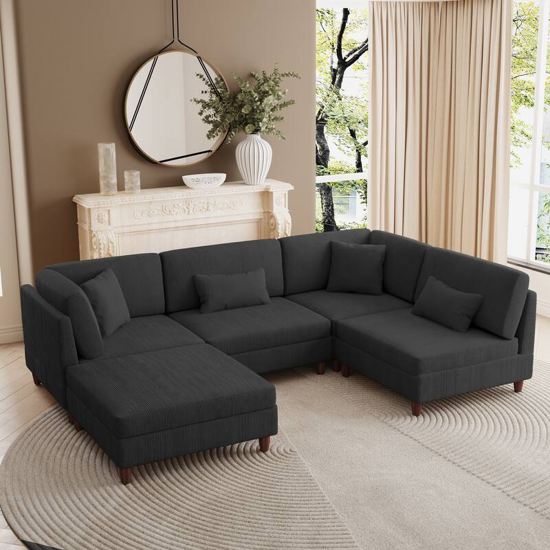 Corduroy Convertible Couch Modular Sectional Sofa with Ottoman