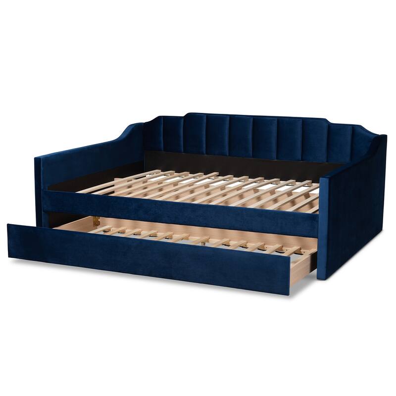 Modern Daybed with Trundle - Navy Blue Velvet Upholstered Full Size Bed Frame - Bedroom Platform Bed