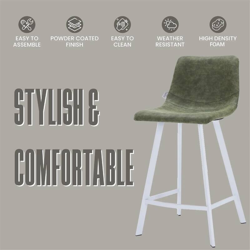Elland Leather Bar Stool - Modern Counter Height Stool with White Stainless Steel Legs for Kitchen Island or Home Bar Set of 2