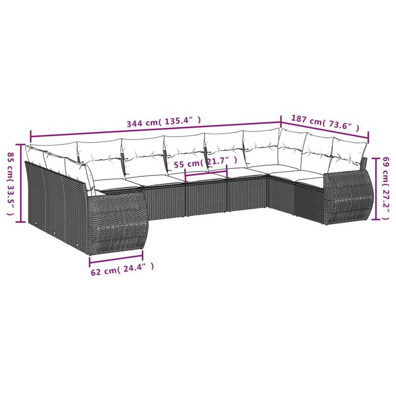 vidaXL 10 Piece Patio Sofa Set with Cushions Black Poly Rattan
