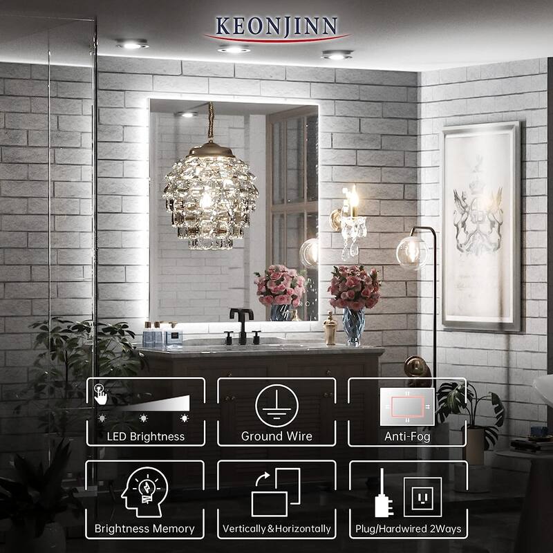 KEONJINN LED Backlit Bathroom Vanity Wall Mirror, Anti-Fog and Dimmable