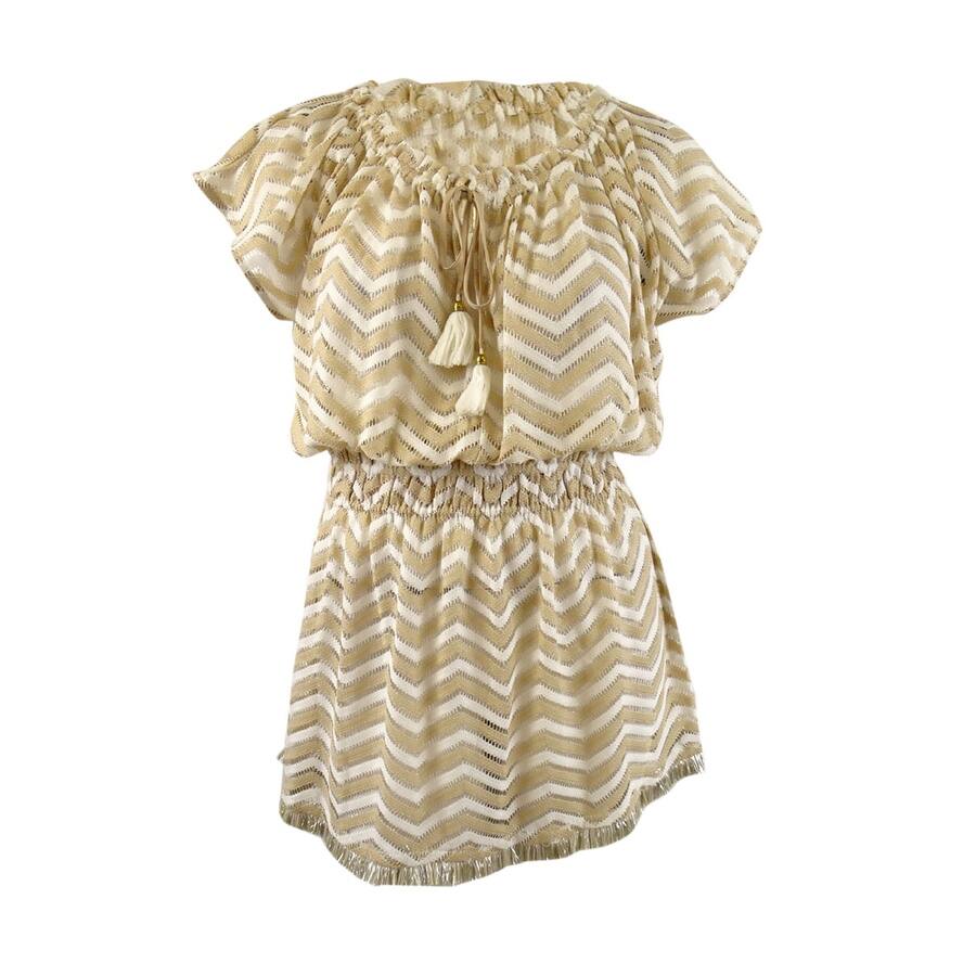 Ramy Brook Women's Vista Dress Swim Cover-Up (L, White/Tan)