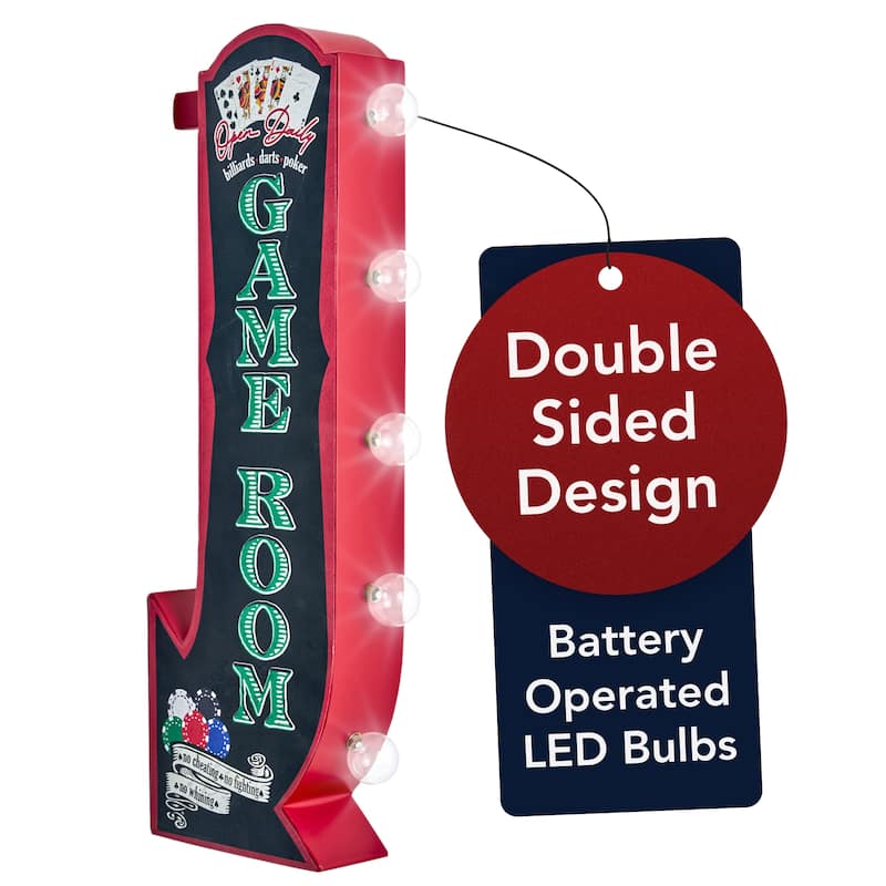 Vintage Game Room Off the Wall LED Marquee Sign - 25" H x 8.25" L - Black, Green, Red - 25" H x 8.25" L x 3" D