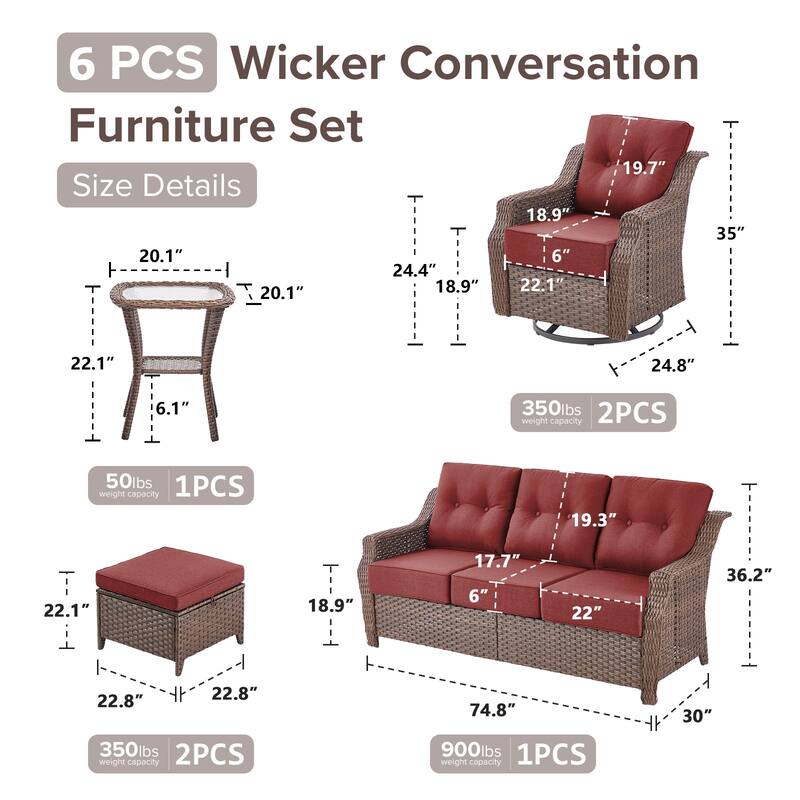 Gymojoy 6-Piece Wicker Patio Furniture Set, 6-Inch Ultra Thick Cushioned 360° Swivel Glider Chairs & Multifunctional Ottomans