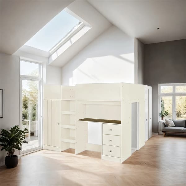 slide 2 of 13, Wood Full Size Loft Bed with Built-in Wardrobe, Desk, Shelves, Drawers Beige