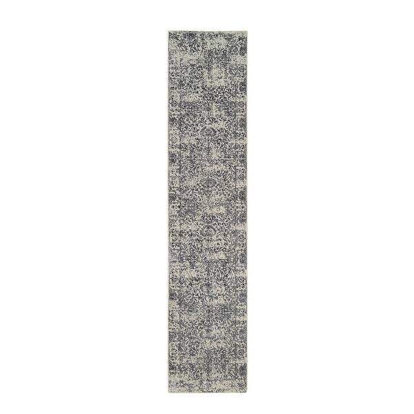 slide 1 of 8, Shahbanu Rugs Wool and Art Silk Hand Loomed Light Gray Fine Jacquard with Erased Design Oriental Runner Rug (2'7" x 12'2")