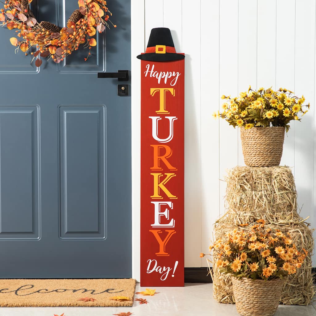 Glitzhome 58.5"H Thanksgiving Wooden Porch Sign with Fabric Dangling Legs (KD)
