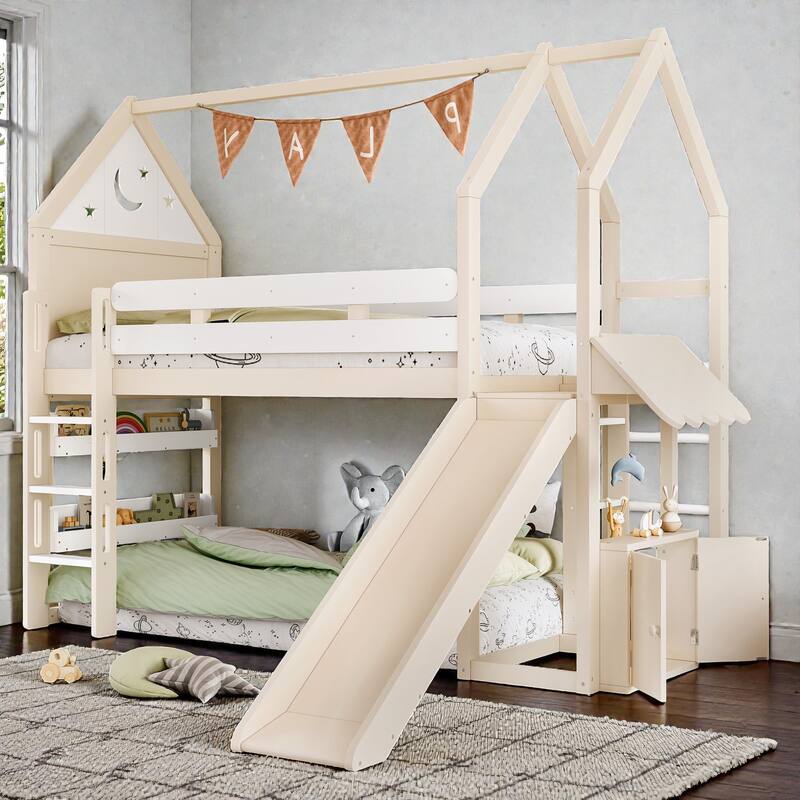 Twin Loft Bed with Slide and Bookshelf, Kids House Bed with Stairs, Safety Rails, Playful Design