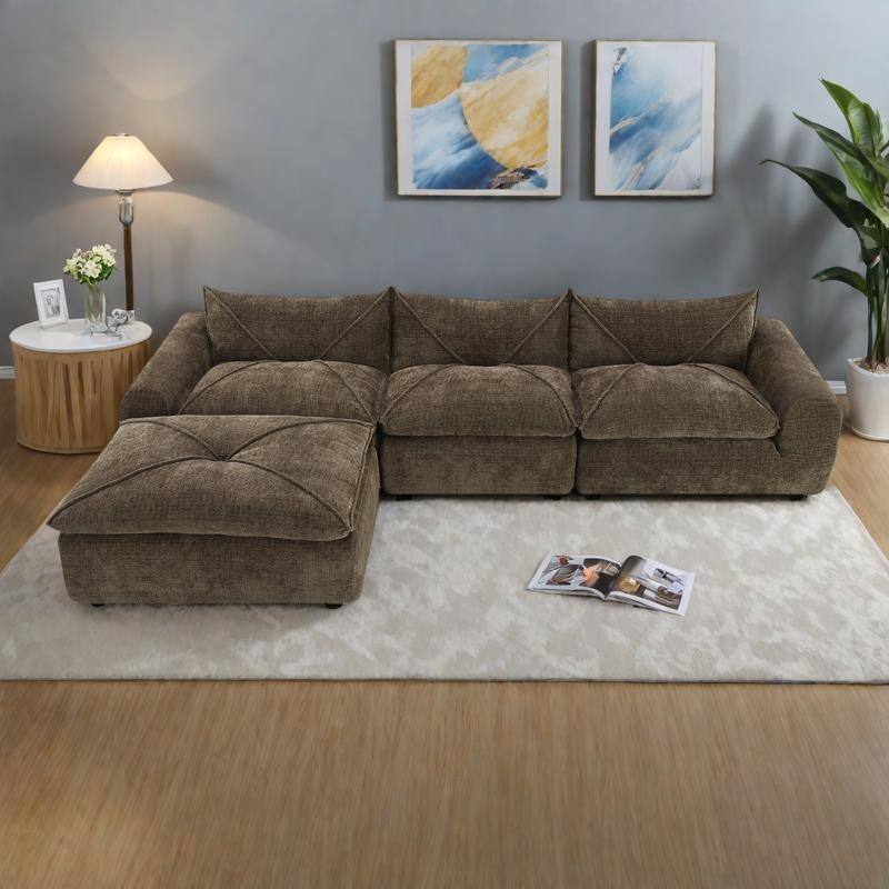 116" Chenille Fully Compressed Sectional Sofa with High-Density Foam, and 6-Seater Modular Cloud Couch - Brown