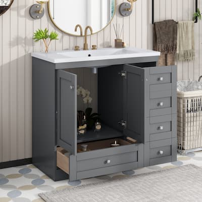 36" Shaker Style Free-Standing Bathroom Vanity Cabinet with Sink, 4 Soft-close Drawers and 2 Soft-close doors