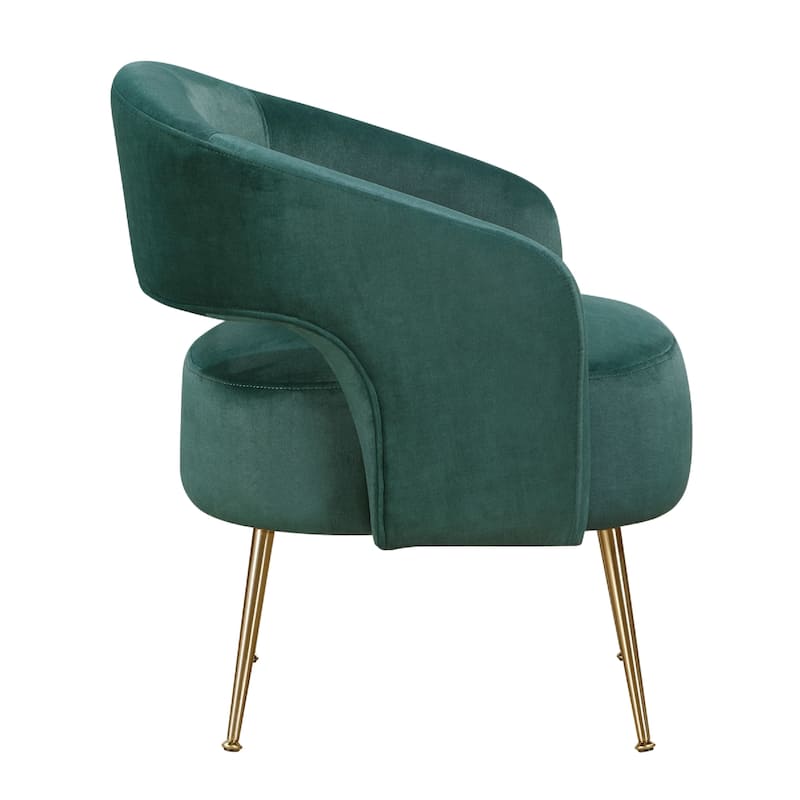 Noel Accent Chair, Curved Open Back, Dark Green Velvet, Gold Metal Legs