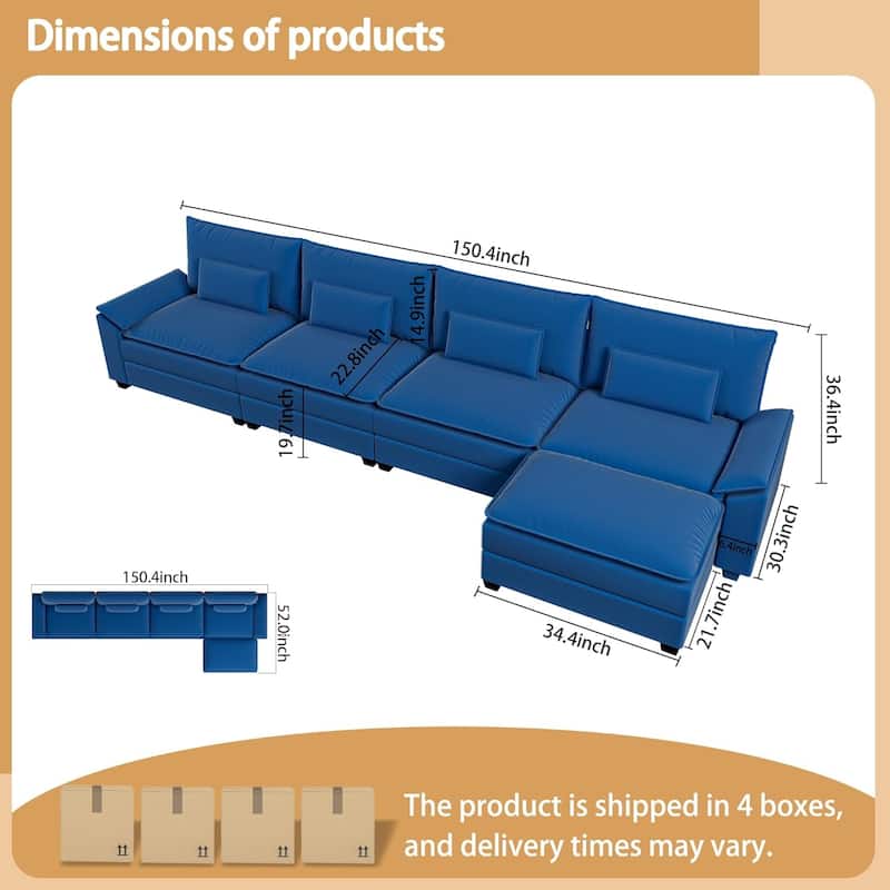 Kullavik Cloud Chenille L-Shaped Sofa, Modular Sectional Sofa with Ottoman, Throw Pillows and Double Layered Cushion
