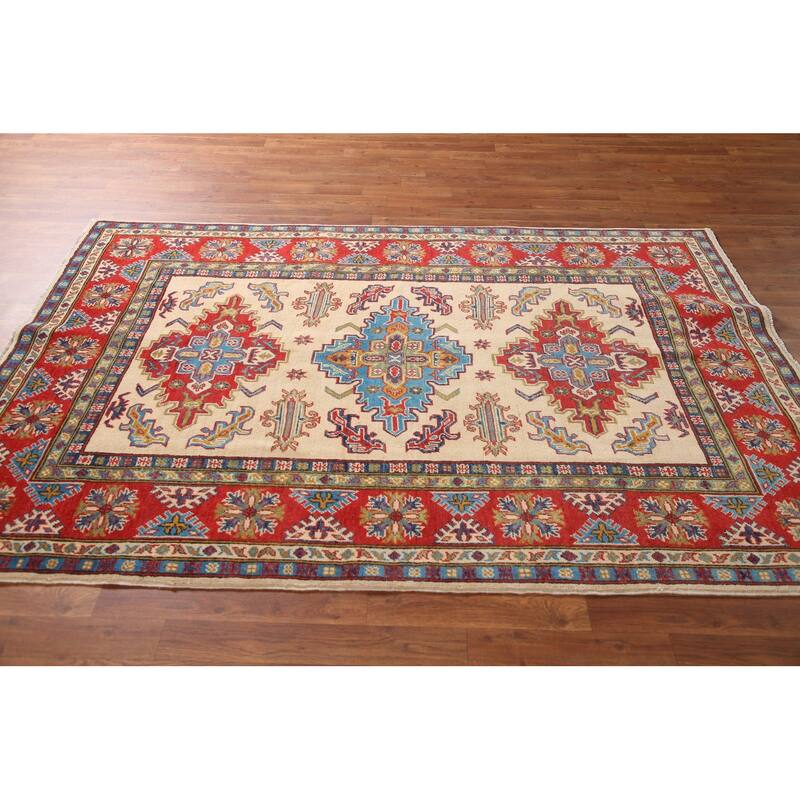 Beige Traditional Kazak Area Rug Hand-Knotted Wool Carpet - 4'10" x 7'3"